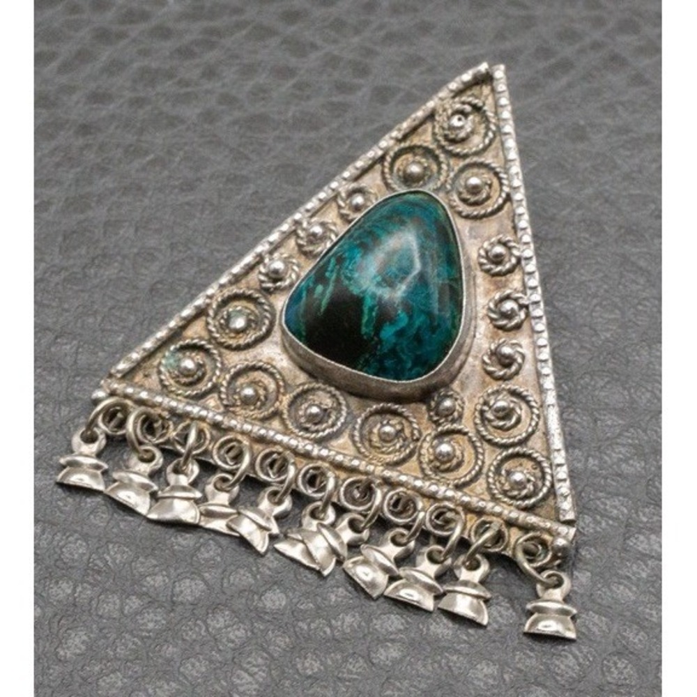 VTG Sterling Silver Brooch Pendant Triangle Chrysocolla Silver Israel 925 Pin